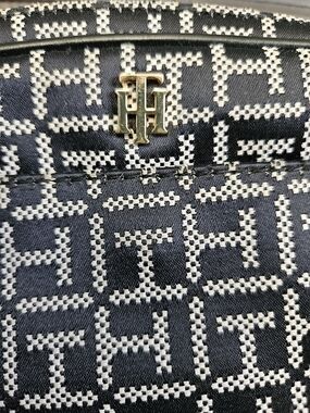 PTommy Hilfiger Black and White Monogram Crossbody Bag with Gold Logo